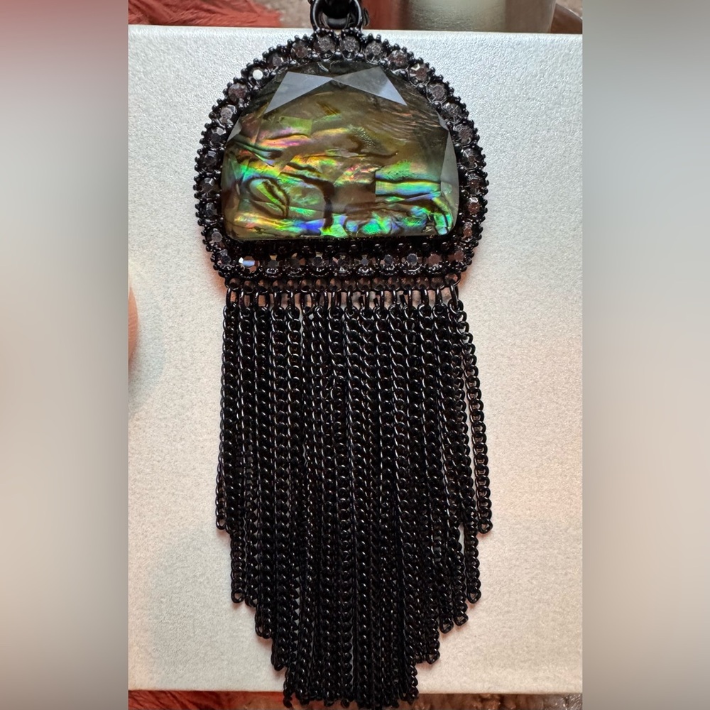 Park Lane Iridescent Abalone Pendant with Black Fringe